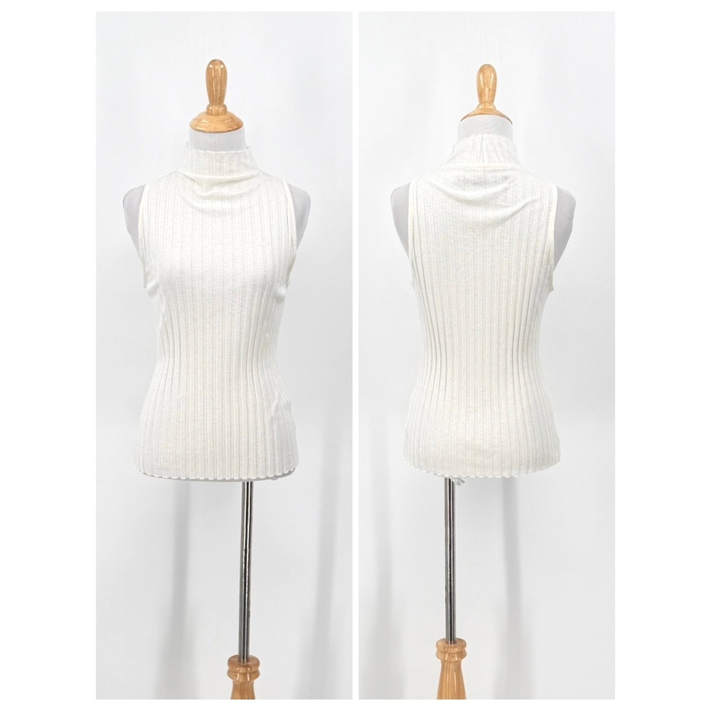 ENZA COSTA Cashmere Rib Tank Top Women Medium Cream Mock Neck Sleeveless Stretch